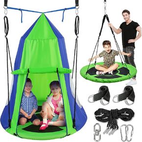 SereneLife Spider Web Tree Swing with Hang Kit and Center Spinner 40" 600 lbs Kids Outdoor Backyard Tree Playhouse Playground Saucer Swing Set Accessories Platform Glider Mat Swinging Swingset,Black