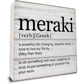 Greek Art Meraki Definition Wooden Box Sign Life Quote Desk Decorative Wooden Sign Home Decor for Desk Table Shelf 5 x 5 Inches