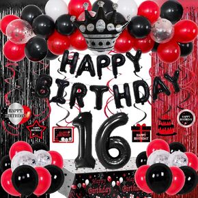 16th Red and Black Birthday Decorations for Boys Girls Happy 16th Birthday Party Decorations Red Black Balloons Fringe Curtain Table Cloth with Happy Birthday Banner Number 16 Balloon Hanging Swirls