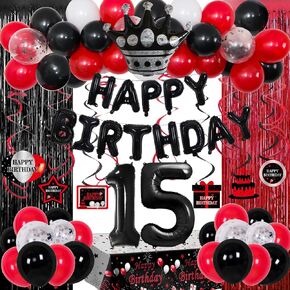 16th Red and Black Birthday Decorations for Boys Girls Happy 16th Birthday Party Decorations Red Black Balloons Fringe Curtain Table Cloth with Happy Birthday Banner Number 16 Balloon Hanging Swirls