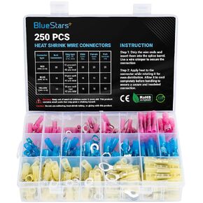 BlueStars 250 PCS Heat Shrink Wire Connectors, Waterproof Automotive Marine Electrical Terminals Kit, Crimp Connector Assortment, Ring Fork Spade Splices