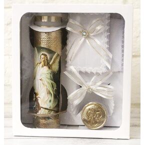 Beautiful Handmade 5pc. Angels with Kids Foil Baptism Christening Shells Candle Set Favors Girl Boy White Set de Bautizo Espanol Nina Nino Baptism Communion Lace Gift Box