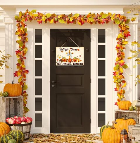 WhatSign سقوط الباب ديكور علامة سقوط ليسوع انه لا يترك الزينة علامة للمنزل المسيحي أوراق القيقب يسوع سقوط ديكور علامة الخريف اكليلا من الزهور للباب الأمامي جدار الشرفة الخريف الشكر in Kuwait