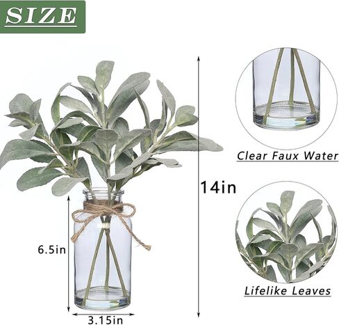 فييرينا سيقان اوكالبتوس الاصطناعية في مزهرية زجاجية مع ماء صناعي، اوراق اوكالبتوس وهمية 15 انش، بذور بيضاء لتزيين الطاولة المركزية وديكور المنزل الريفي والزفاف (رمادي واخضر) in Kuwait