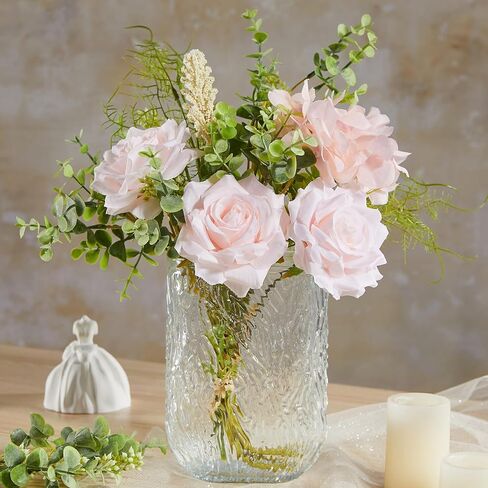 Serwalin Fake Flowers in Vase, Table Centerpieces Decor Flowers, Artificial Flowers in Vase White Peony Floral Arrangements Home Decor, Silk Flowers with Glass Vase, Living Room Decorations in Saudi Arabia