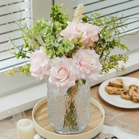 Serwalin Fake Flowers in Vase, Table Centerpieces Decor Flowers, Artificial Flowers in Vase White Peony Floral Arrangements Home Decor, Silk Flowers with Glass Vase, Living Room Decorations in Saudi Arabia
