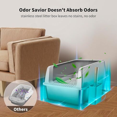 صندوق فضلات القطط من الفولاذ المقاوم للصدأ مع غطاء من فلاروزي، حاوية صندوق فضلات القطط الكبيرة جدًا مقاس XL للقطط الكبيرة ذات الجوانب العالية والمغرفة، وعاء فضلات معدني سهل التنظيف، مرحاض قطط غير لاصق، مضاد للتسرب، بدون رائحة in Kuwait