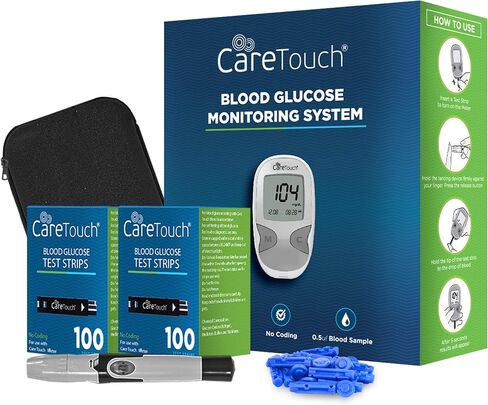 مجموعة أدوات مراقبة نسبة السكر في الدم من Care Touch - مجموعة أدوات اختبار مرض السكري + 1 جهاز قياس السكر في الدم، 50 شريط اختبار اللمس للعناية بسكر الدم، 1 جهاز وخز، 100 أداة إبر تعمل باللمس، حقيبة سفر لجهاز قياس نسبة السكر في الدم in Saudi Arabia