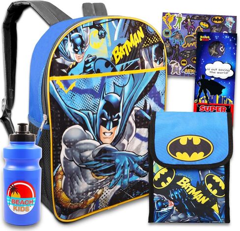 مجموعة حقيبة ظهر باتمان وصندوق الغداء للأطفال الأولاد ~ 7 قطع من حقيبة باتمان المدرسية الفاخرة مقاس 16 بوصة، وحقيبة الغداء، والملصقات، والمزيد (حزمة اللوازم المدرسية باتمان) in Kuwait
