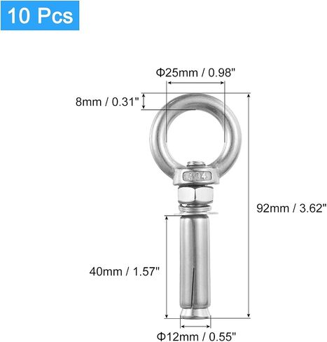 uxcell Ring Lifting Expansion Eyebolt, 8pcs M8x60mm 304 Stainless Steel Expansion Screw with Eye Ring for Concrete Brick Wall in Saudi Arabia