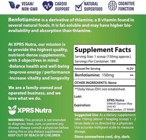 XPRS Nutra Benfotiamine Powder (Thiamine) - Fat Soluble Happy Heart Thiamine Powder - Enhanced Vitamin B1 Benfotiamine for a Cognitive Boost - Vegan Friendly Benfotamine Powder (.25 Ounce) in Kuwait