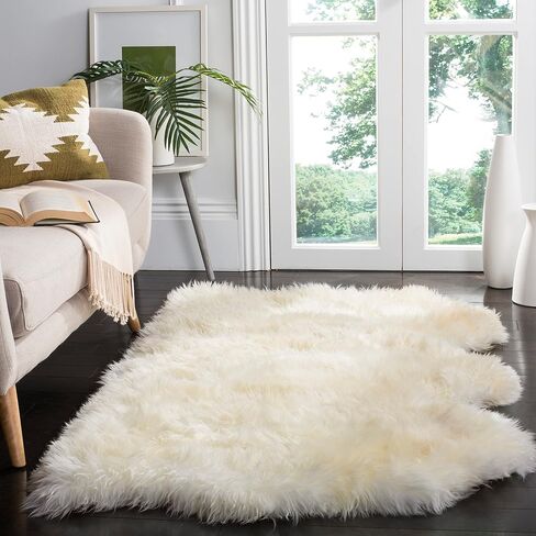 SAFAVIEH Sheep Skin Collection Accent Rug - 3' x 5', Natural & White, Handmade Rustic Glam Genuine Pelt, 3.4-inch Thick Ideal for High Traffic Areas in Entryway, Living Room, Bedroom (SHS211A) in Saudi Arabia