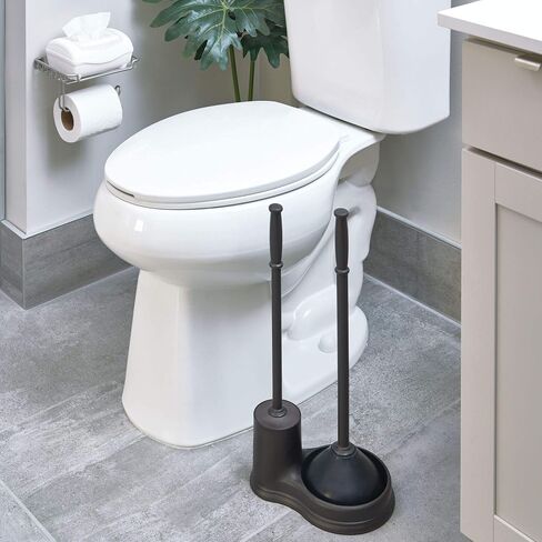 iDesign Plastic Toilet Bowl Plunger Set, Slim Compact Combo, 7.5" x 6" x 19", White and Brushed Stainless Steel in Saudi Arabia