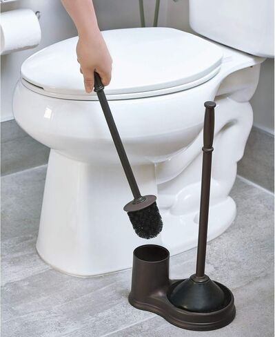 iDesign Plastic Toilet Bowl Plunger Set, Slim Compact Combo, 7.5" x 6" x 19", White and Brushed Stainless Steel in Saudi Arabia