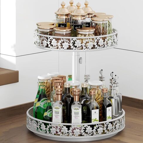 Two Tier Lazy Susan Organizer Turntable Height Adjustable, 2 Tier Lazy Susan 12 Inch Metal Easy Assembly, Lazy Susan Spice Rack Organizer Rotating for Cabinet Dining Table Top Kitchen Countertop Black in Saudi Arabia