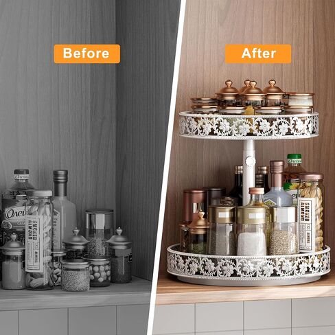 Two Tier Lazy Susan Organizer Turntable Height Adjustable, 2 Tier Lazy Susan 12 Inch Metal Easy Assembly, Lazy Susan Spice Rack Organizer Rotating for Cabinet Dining Table Top Kitchen Countertop Black in Saudi Arabia