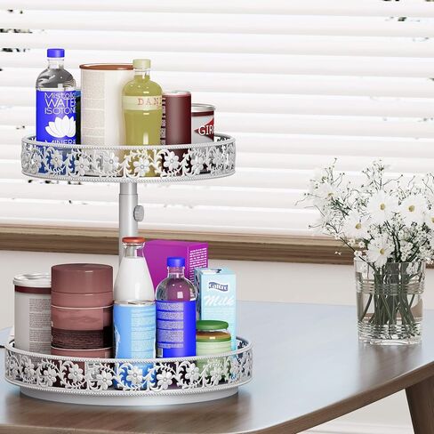 Two Tier Lazy Susan Organizer Turntable Height Adjustable, 2 Tier Lazy Susan 12 Inch Metal Easy Assembly, Lazy Susan Spice Rack Organizer Rotating for Cabinet Dining Table Top Kitchen Countertop Black in Saudi Arabia