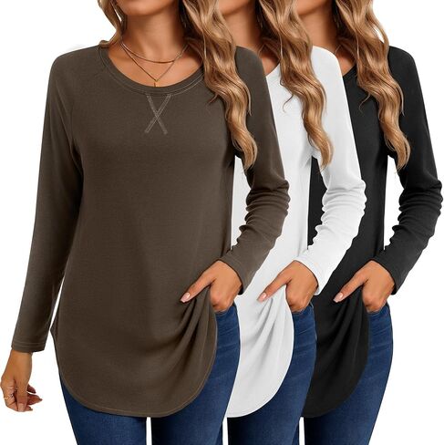 Ficerd 3 Pack Women's Long Sleeve Shirts, Loose Fit Tshirts Casual Sweatshirts Crew Neck Tunic Tops Side Split Pullover Tees in Saudi Arabia