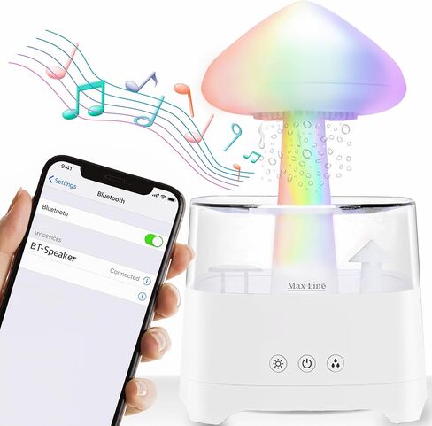 مكبر صوت بلوتوث من Rain Cloud مرطب للتقطير المائي، ناشر الزيوت العطرية للعلاج العطري بالفطر مع 7 مصابيح LED ليلية - صوت أمطار قاتمة وقطرات مطر للاسترخاء للنوم العميق في غرفة النوم (أبيض) in Kuwait