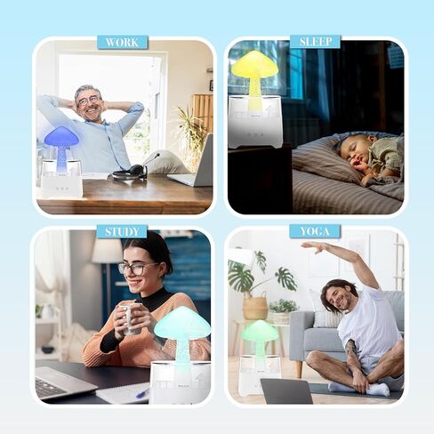 مكبر صوت بلوتوث من Rain Cloud مرطب للتقطير المائي، ناشر الزيوت العطرية للعلاج العطري بالفطر مع 7 مصابيح LED ليلية - صوت أمطار قاتمة وقطرات مطر للاسترخاء للنوم العميق في غرفة النوم (أبيض) in Kuwait