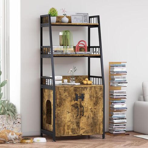 اثاث صندوق فضلات القطط المخفي من كاتراو، اثاث صندوق فضلات كبير مع رف تخزين، خزانة صندوق فضلات القطط الطويلة، اثاث خشبي متين لغرفة الاستحمام، بني ريفي 52 انش in Kuwait