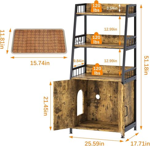 اثاث صندوق فضلات القطط المخفي من كاتراو، اثاث صندوق فضلات كبير مع رف تخزين، خزانة صندوق فضلات القطط الطويلة، اثاث خشبي متين لغرفة الاستحمام، بني ريفي 52 انش in Kuwait