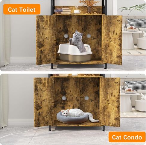 اثاث صندوق فضلات القطط المخفي من كاتراو، اثاث صندوق فضلات كبير مع رف تخزين، خزانة صندوق فضلات القطط الطويلة، اثاث خشبي متين لغرفة الاستحمام، بني ريفي 52 انش in Kuwait