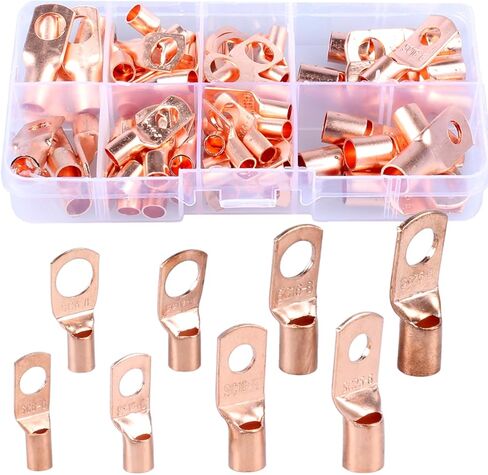65PCS Copper Wire Lugs kit, Heavy Duty Battery Terminal connectors Cable Ends, Ring terminals Used on AWG10 8 6 4 Cables, 1/4" and 5/16" Ring Eyelets in Kuwait