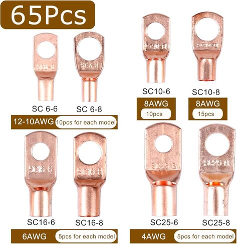 65PCS Copper Wire Lugs kit, Heavy Duty Battery Terminal connectors Cable Ends, Ring terminals Used on AWG10 8 6 4 Cables, 1/4" and 5/16" Ring Eyelets in Kuwait