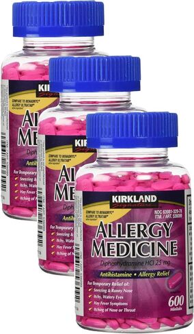 Kirkland Signature Allergy Medicine Diphenhydramine HCI 25 Mg, 600 Minitabs (Pack of 3) in Saudi Arabia