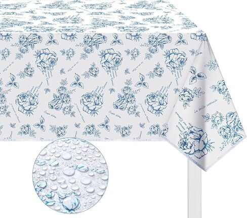 Blue and White Vintage Tablecloth Rectangle French Country Table Cover Blue Floral Flannel Backed Vinyl Table Cloth for Wedding Birthday Dinner Picnic Indoor Outdoor Decor (54 x 54 Inch) in Saudi Arabia