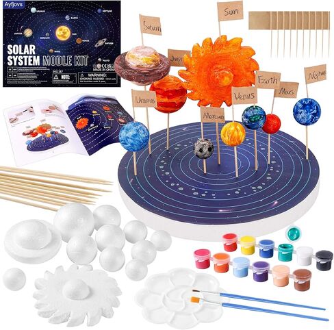 Ayfjovs 56PCS Solar System Foam Balls Crafts for Kids School Projects to Learn Planets, Includes 20pcs Mixed Sizes Polystyrene Balls, Color Pigments, Flags, Painting Brushes, Bamboo Sticks for DIY in Saudi Arabia