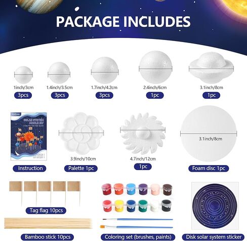 Ayfjovs 56PCS Solar System Foam Balls Crafts for Kids School Projects to Learn Planets, Includes 20pcs Mixed Sizes Polystyrene Balls, Color Pigments, Flags, Painting Brushes, Bamboo Sticks for DIY in Saudi Arabia