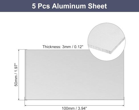 ورقة ألومنيوم uxcell، 5 قطع 100 مم × 50 مم × 3 مم سمك مربع 5052 لوحة ألومنيوم للصناعة، لون فضي in Kuwait