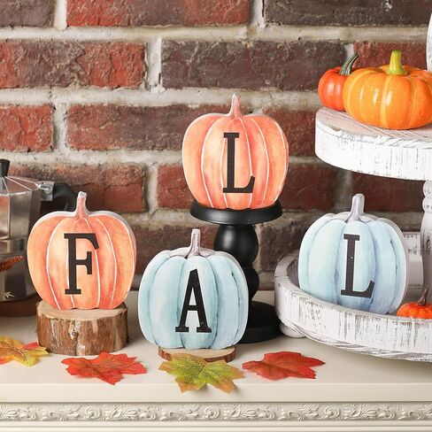 Fall Pumpkin Decor, 4pcs Wood Sign Pumpkin Block Set Farmhouse Fall Table Décor for Home Office Thanksgiving Tiered Tray Decor in Saudi Arabia