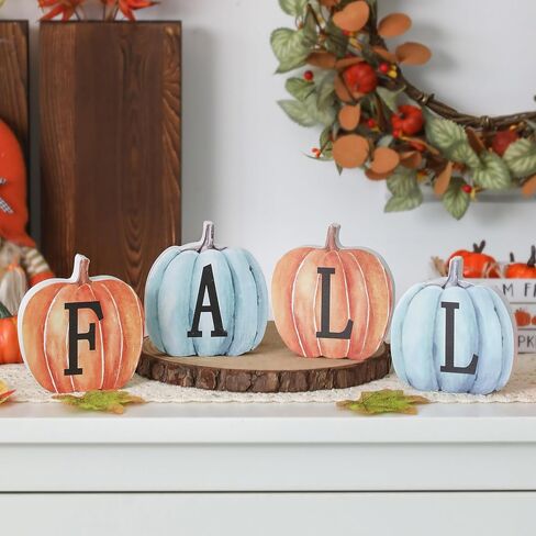 Fall Pumpkin Decor, 4pcs Wood Sign Pumpkin Block Set Farmhouse Fall Table Décor for Home Office Thanksgiving Tiered Tray Decor in Saudi Arabia