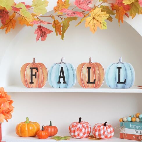Fall Pumpkin Decor, 4pcs Wood Sign Pumpkin Block Set Farmhouse Fall Table Décor for Home Office Thanksgiving Tiered Tray Decor in Saudi Arabia