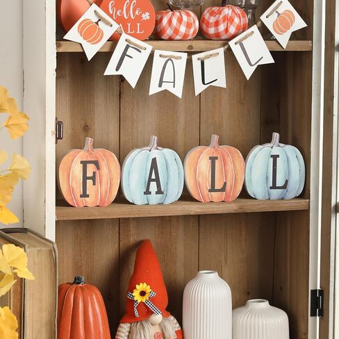 Fall Pumpkin Decor, 4pcs Wood Sign Pumpkin Block Set Farmhouse Fall Table Décor for Home Office Thanksgiving Tiered Tray Decor in Saudi Arabia