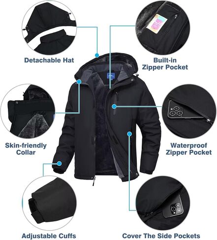 Men's Mountain Ski Jacket Waterproof Fleece Liner Snow Coat Warm Winter Windproof Hooded Raincoat in Kuwait
