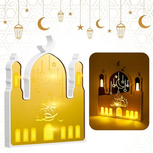CNhoqc رمضان الاكريليك أضواء فانوس على شكل مسجد LED ضوء الليل مع نمط النجمة والقمر عيد مبارك الحرف اليدوية ديكور المنزل هدية لأصدقاء الإسلام إمدادات حفلة رمضان (لا يتم تضمين البطاريات) in Kuwait