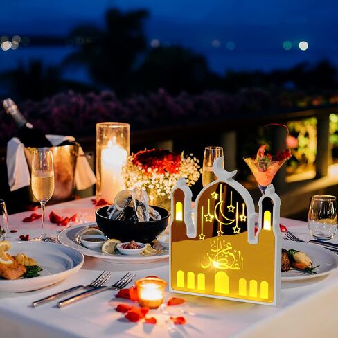 CNhoqc رمضان الاكريليك أضواء فانوس على شكل مسجد LED ضوء الليل مع نمط النجمة والقمر عيد مبارك الحرف اليدوية ديكور المنزل هدية لأصدقاء الإسلام إمدادات حفلة رمضان (لا يتم تضمين البطاريات) in Kuwait