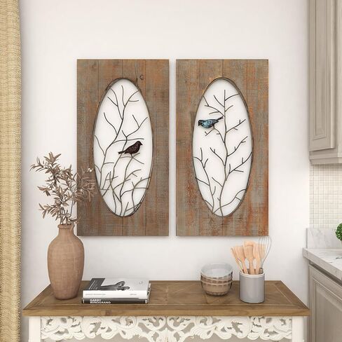 Deco 79 Wood Bird Home Wall Decor Wall Sculpture with Tree Branches, set of 2 Wall Art 18" x 1" x 36", Brown in Saudi Arabia