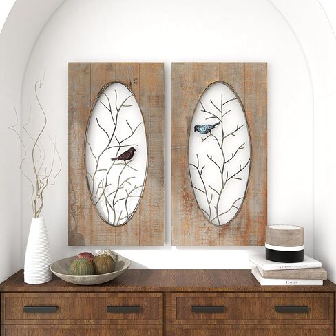 Deco 79 Wood Bird Home Wall Decor Wall Sculpture with Tree Branches, set of 2 Wall Art 18" x 1" x 36", Brown in Saudi Arabia