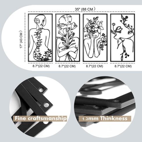 IcosaMro ديكور جدار معدني أسود لغرفة المعيشة مجردة الأزهار النساء غرفة نوم جدار الفن الحديث 3D جدار منحوتات مجردة الحد الأدنى صور مؤطرة، 4 حزمة in Kuwait