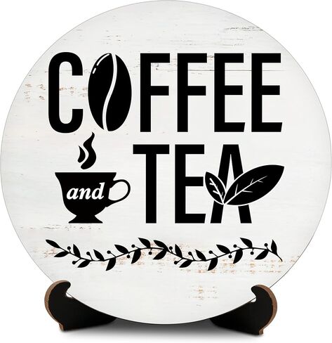 Funny Coffee Bar Signs - Coffee and Tea Round Wood Decor with Stand - Farmhouse Black and White Kitchen Decor Sign for Coffee Bar Home Kitchen Decorative - A13 in Saudi Arabia