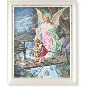 Guardian Angel with Children on Bridge Picture, Pearlized White 9-1/2"x11-1/2 Frame, Beaded Lip, Under Glass