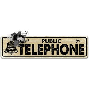 Vintage Metal Tin Sign, Telephone Public Street Signs, Antique Looking Wall Art Decor, Pay Coin Vintage Phone Booth Prop Rotary, 4x16inches