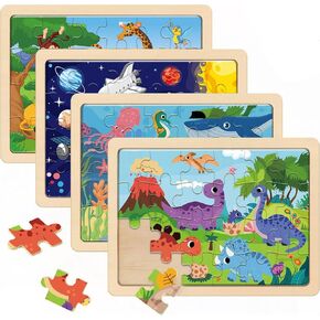 RANSUNN Wooden Puzzles for Kids Ages 3-5 | 4-6, 24 Piece Colorful Wooden Puzzles for Toddler Children, Learning Educational Puzzles Toys for 3 4 5 6 Boys and Girls (4 Pack)