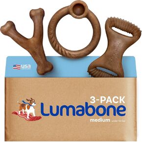 Lumabone Real Bacon Medium 3-Pack Durable Dog Chew Toys for Aggressive Chewers, Made in USA – Wishbone, Zaggler, Stick