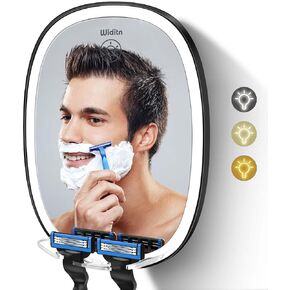 Widitn LED Shower Mirror Fogless for Shaving, Adjustable Shaving Mirror with Razor Holder, 3 Colors Dimmable Lighting, Wall-Mounted, Shatterproof Anti-Fog Bathroom Shower Mirror for Man
